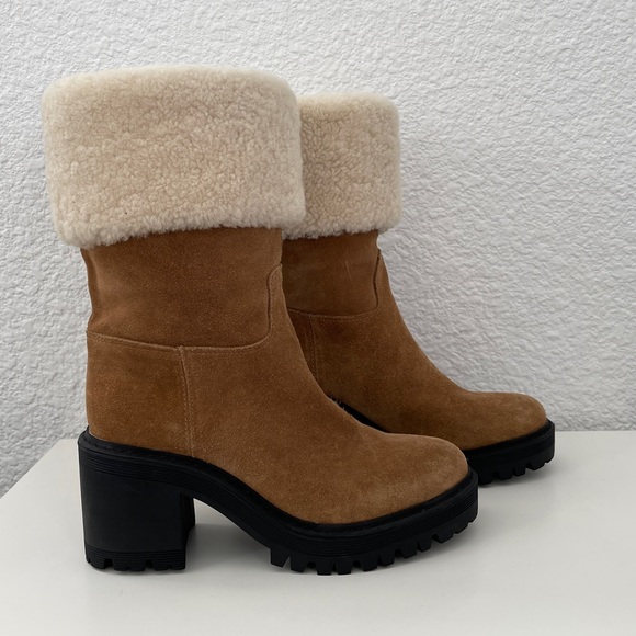 NEW Marc Fisher Sherpa Suede Leather Lug Sole Heel Platform Boot Brown Tan - Picture 4 of 12